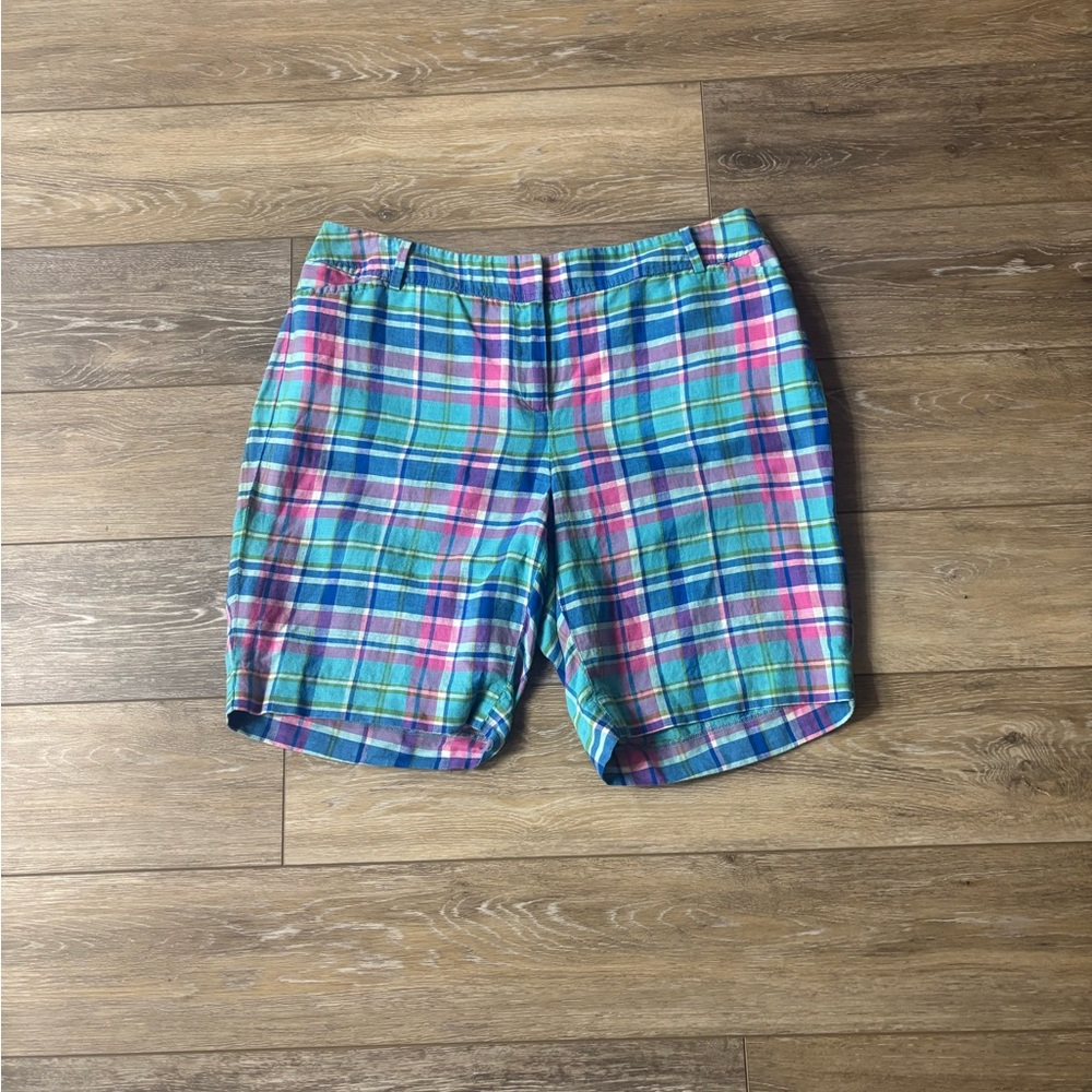 Talbots Perfect Shorts Sz 14WP Sea Madras Plaid Linen Blend 9” Coastal Vacation